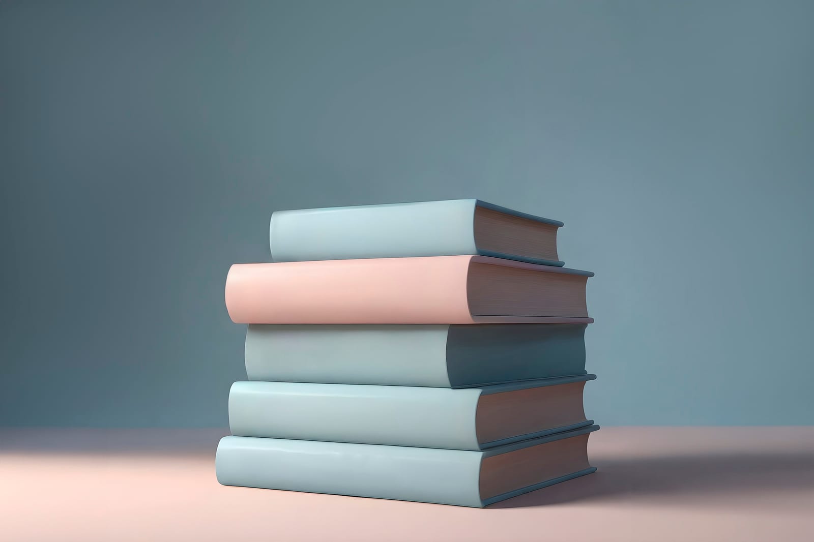 Pilha estilizada de cinco livros em tons pastel, azul e rosa, sobre uma mesa clara.